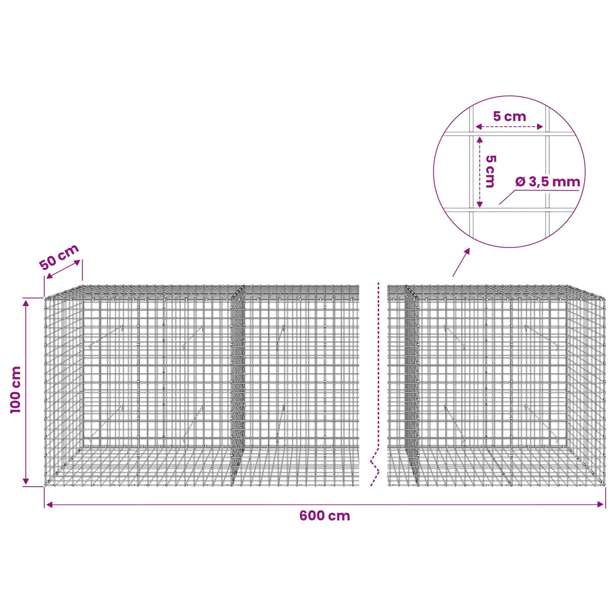 vidaXL Gabion with 3.5 mm Wire and 5x5 cm Mesh 600x50x100 cm 6