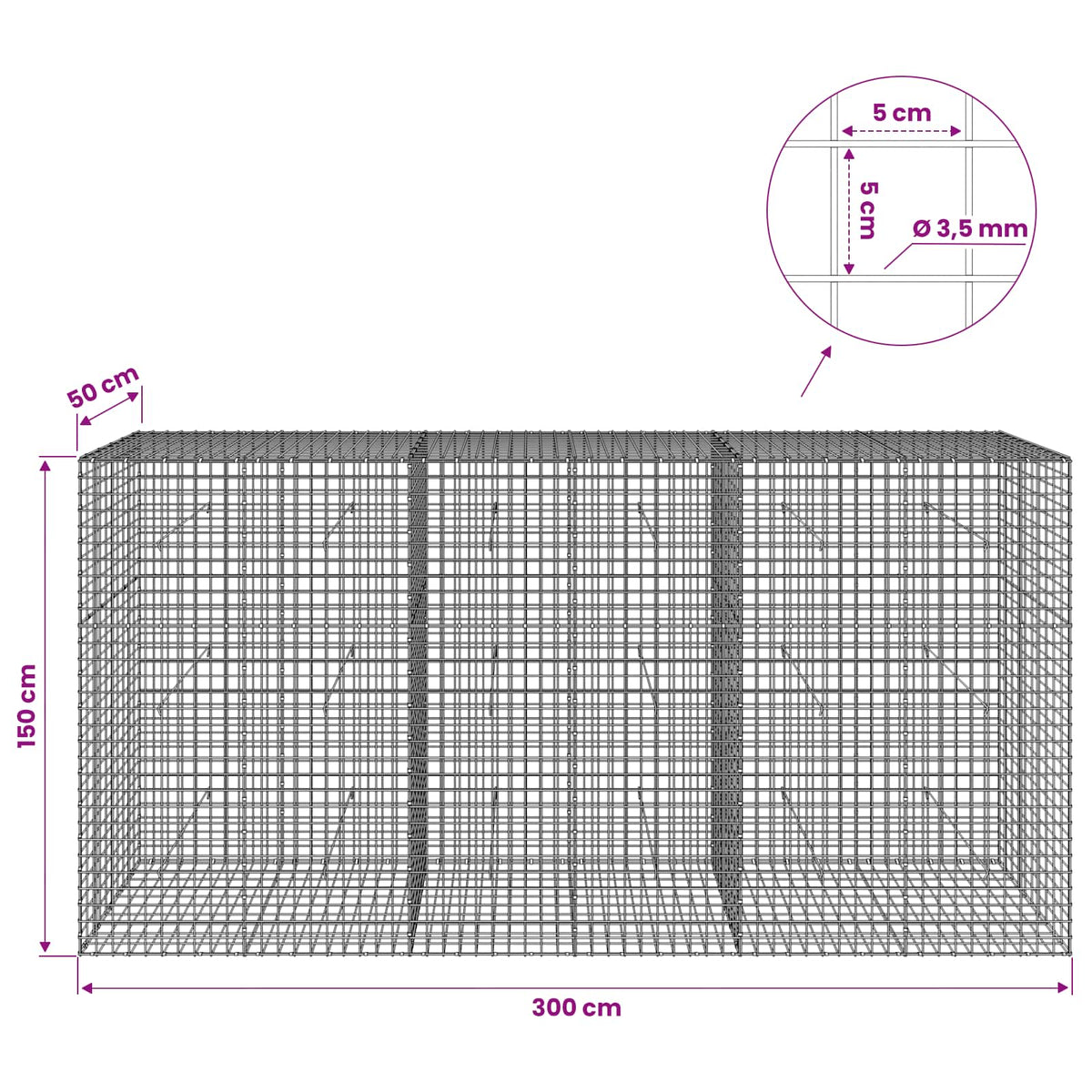 vidaXL Gabion with 3.5 mm Wire and 5x5 cm Mesh 300x50x150 cm 6