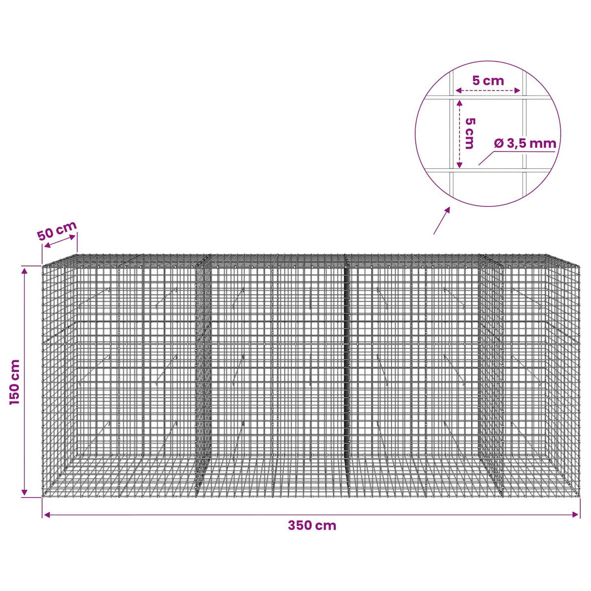 vidaXL Gabion with 3.5 mm Wire and 5x5 cm Mesh 350x50x150 cm 6