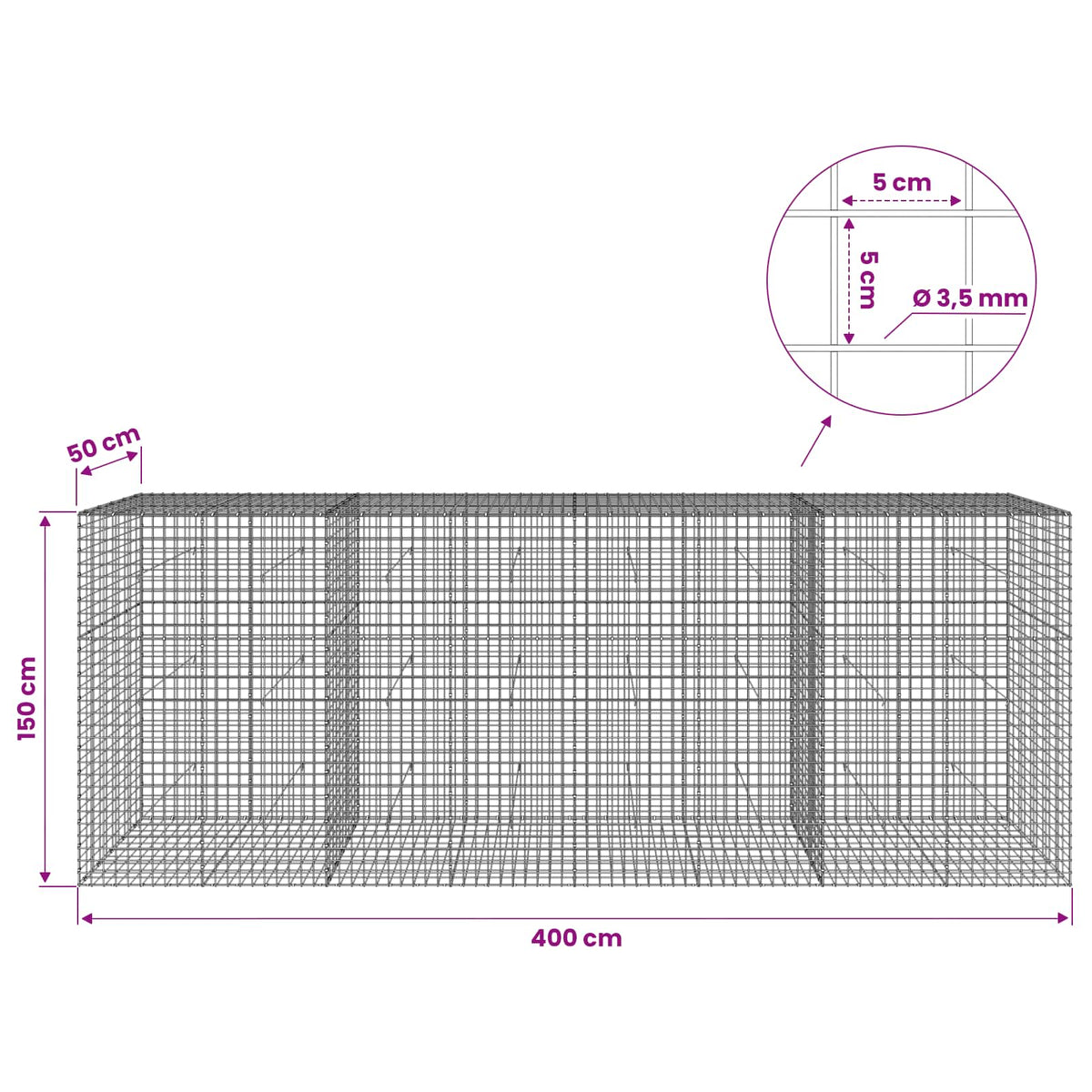 vidaXL Gabion with 3.5 mm Wire and 5x5 cm Mesh 400x50x150 cm 6
