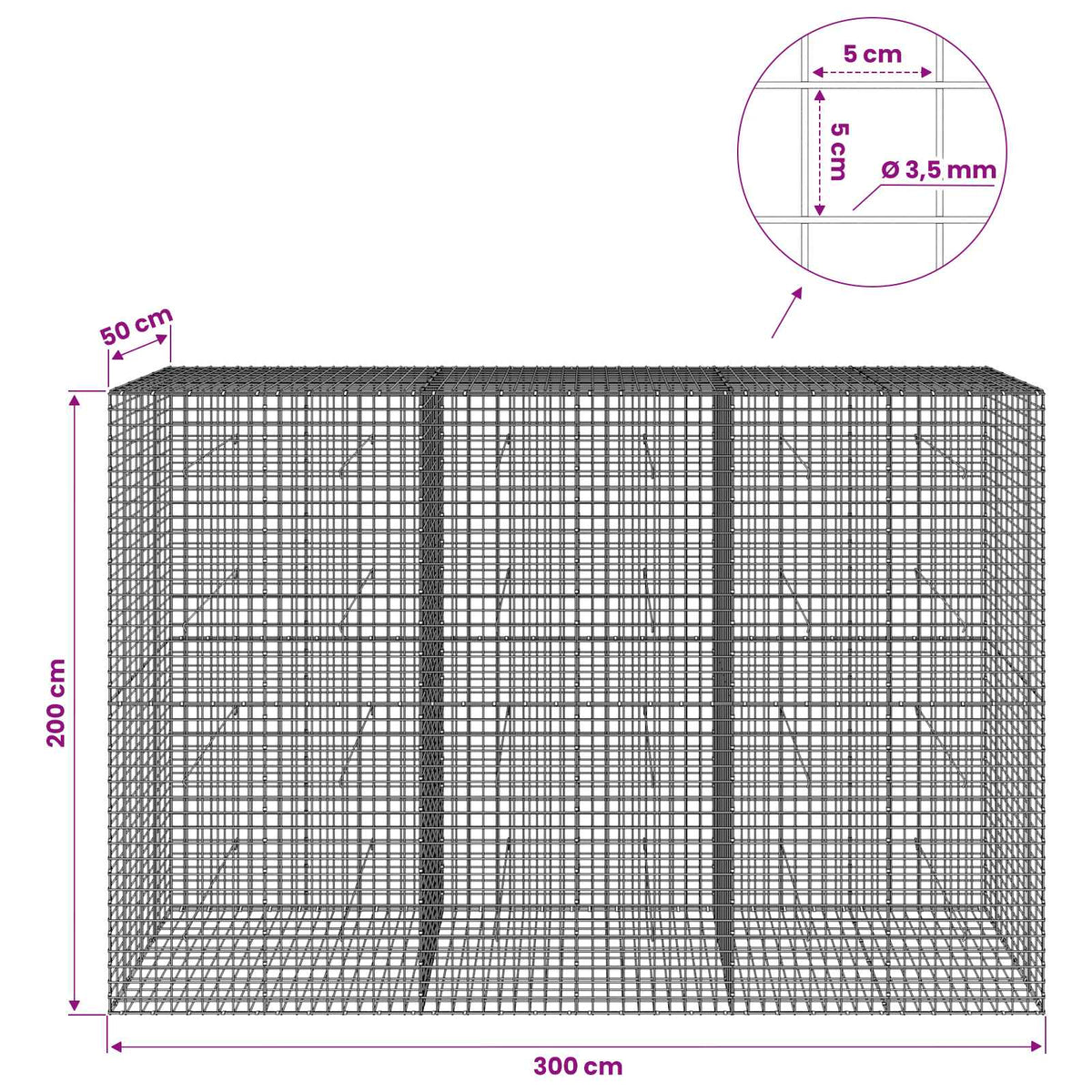 vidaXL Gabion with 3.5 mm Wire and 5x5 cm Mesh 300x50x200 cm 6