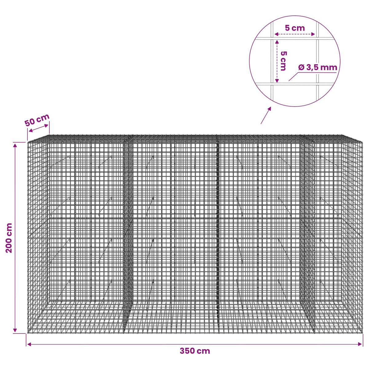 vidaXL Gabion with 3.5 mm Wire and 5x5 cm Mesh 350x50x200 cm 6
