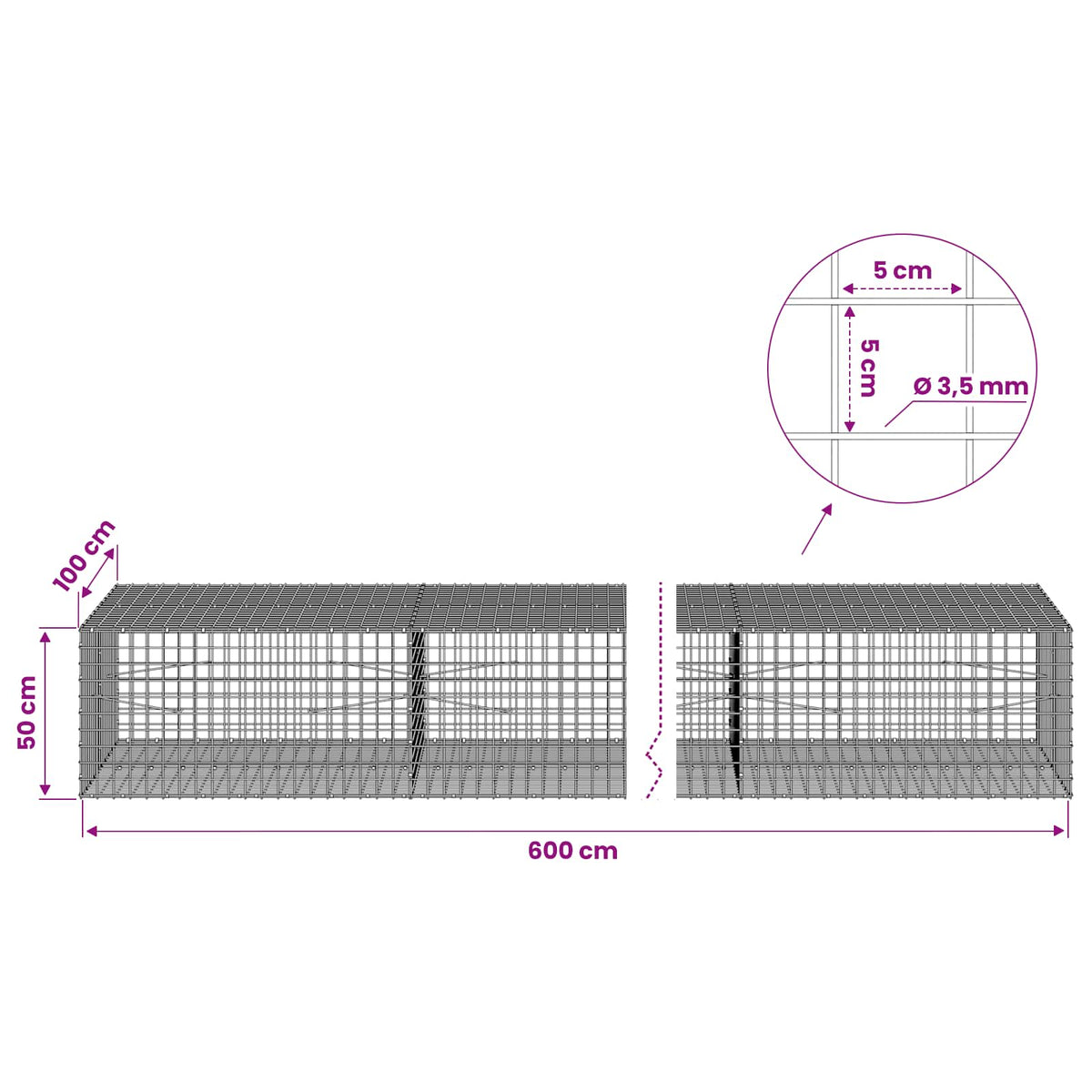 vidaXL Gabion with 3.5 mm Wire and 5x5 cm Mesh 600x100x50 cm 6