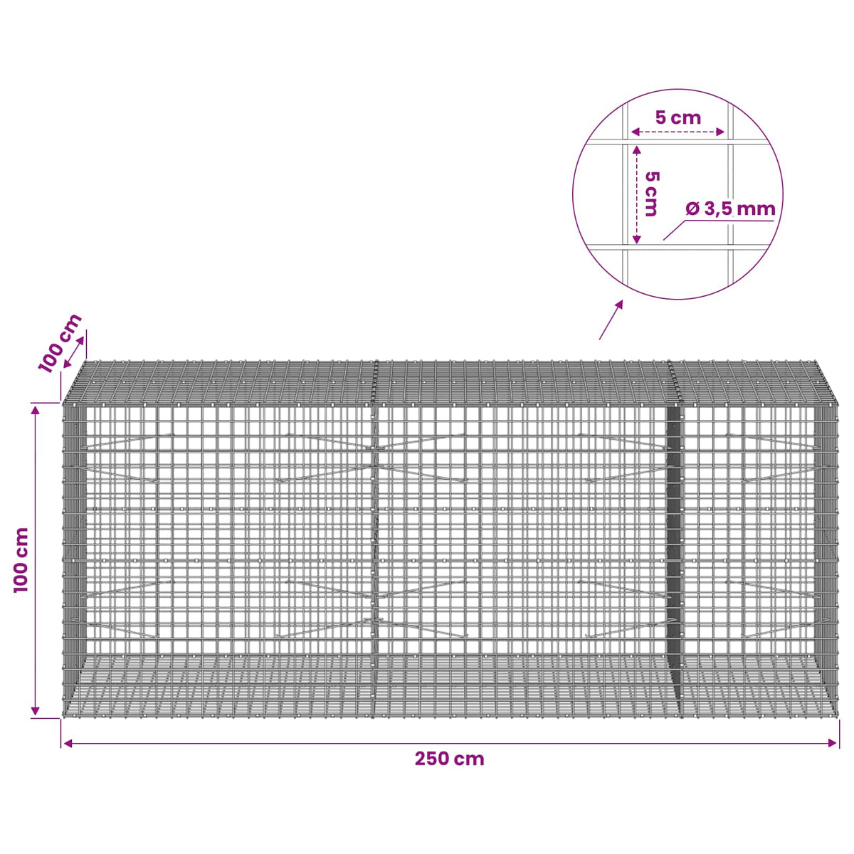 vidaXL Gabion with 3.5 mm Wire and 5x5 cm Mesh 250x100x100 cm 6