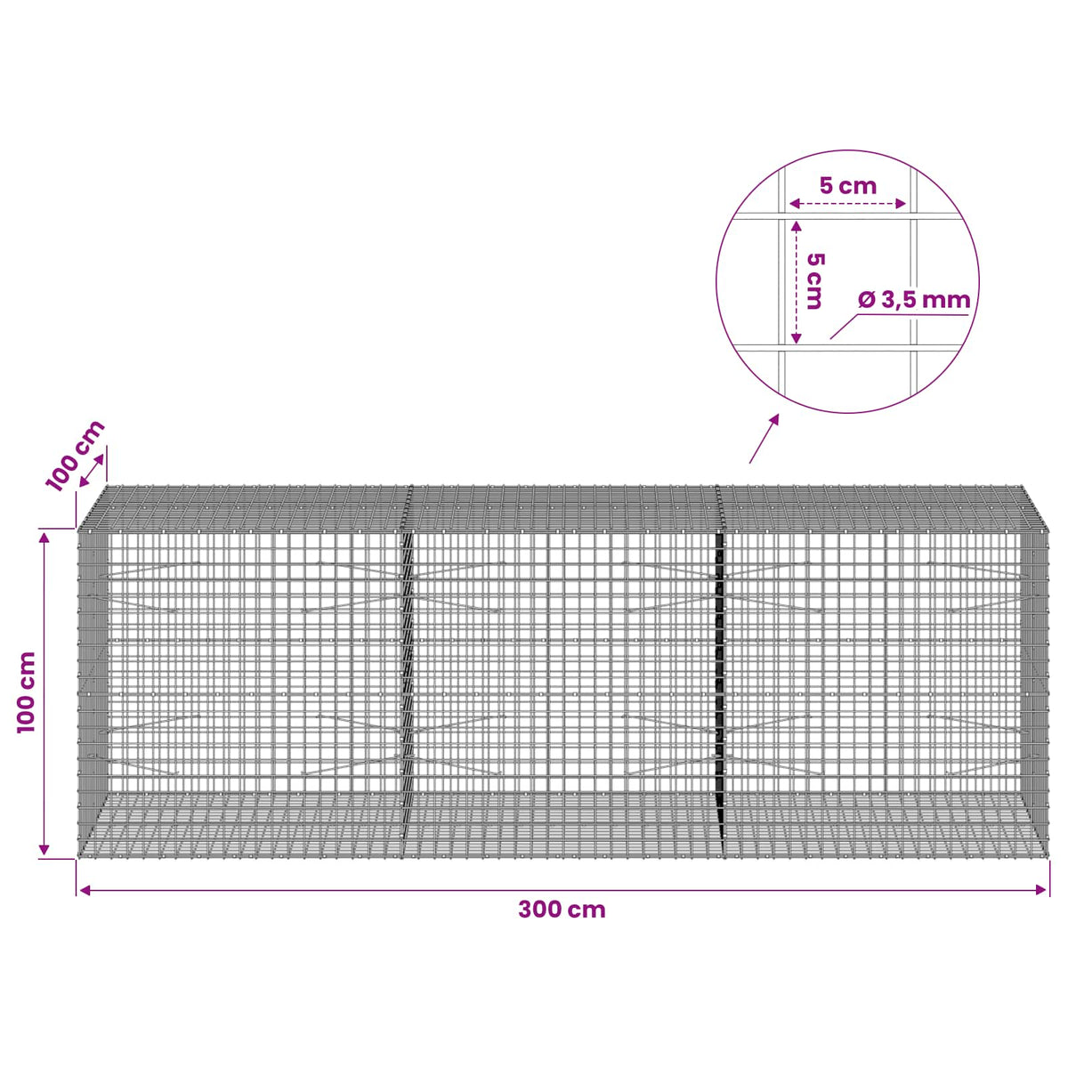 vidaXL Gabion with 3.5 mm Wire and 5x5 cm Mesh 300x100x100 cm 6