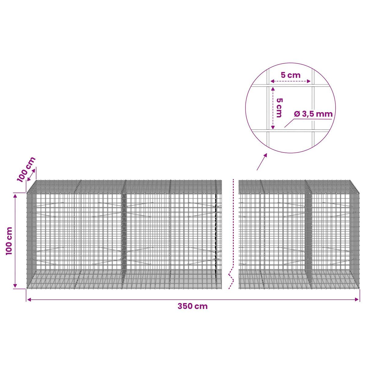 vidaXL Gabion with 3.5 mm Wire and 5x5 cm Mesh 350x100x100 cm 6