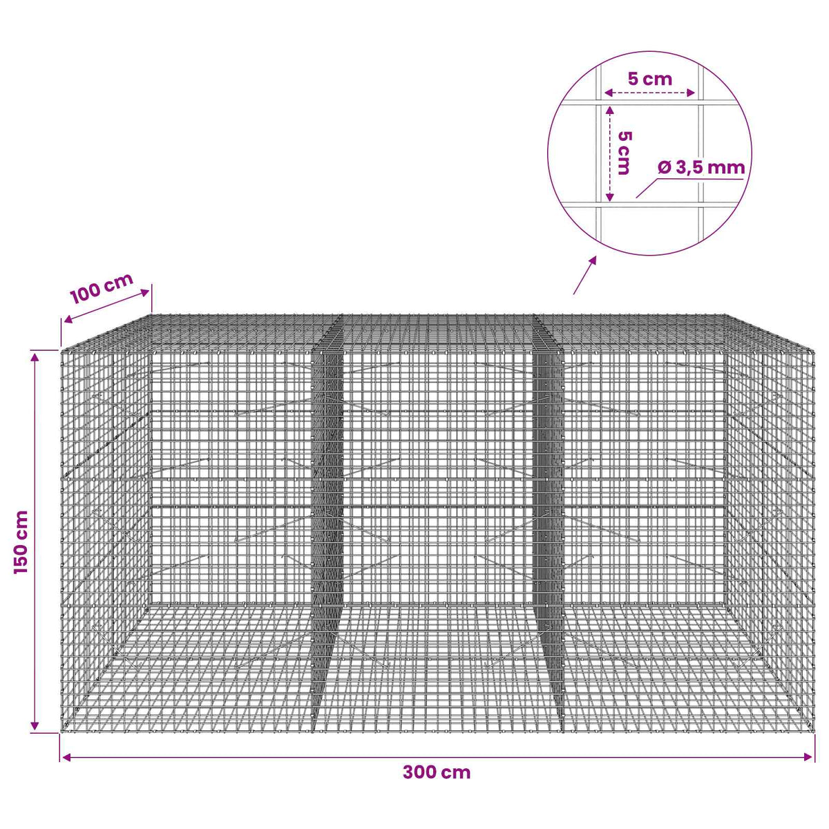 vidaXL Gabion with 3.5 mm Wire and 5x5 cm Mesh 300x100x150 cm 6