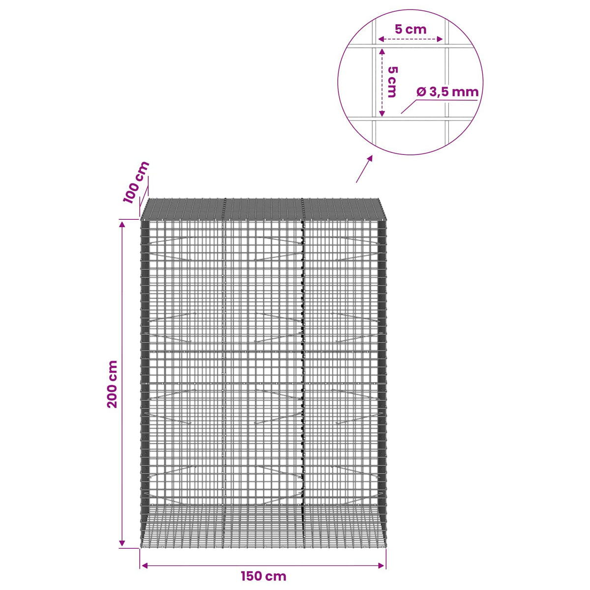 vidaXL Gabion with 3.5 mm Wire and 5x5 cm Mesh 150x100x200 cm 6