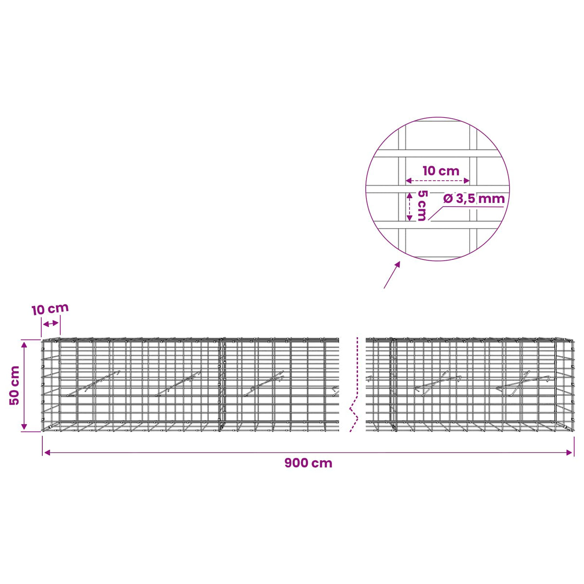 vidaXL Gabion with 3.5 mm Wire and 5x10 cm Mesh 900x10x50 cm 6