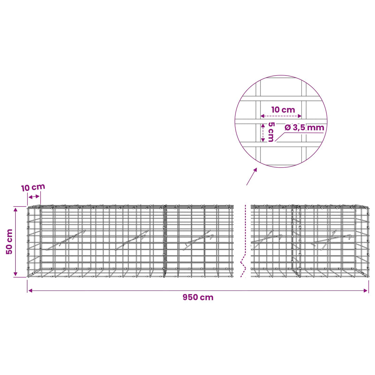 vidaXL Gabion with 3.5 mm Wire and 5x10 cm Mesh 950x10x50 cm 6