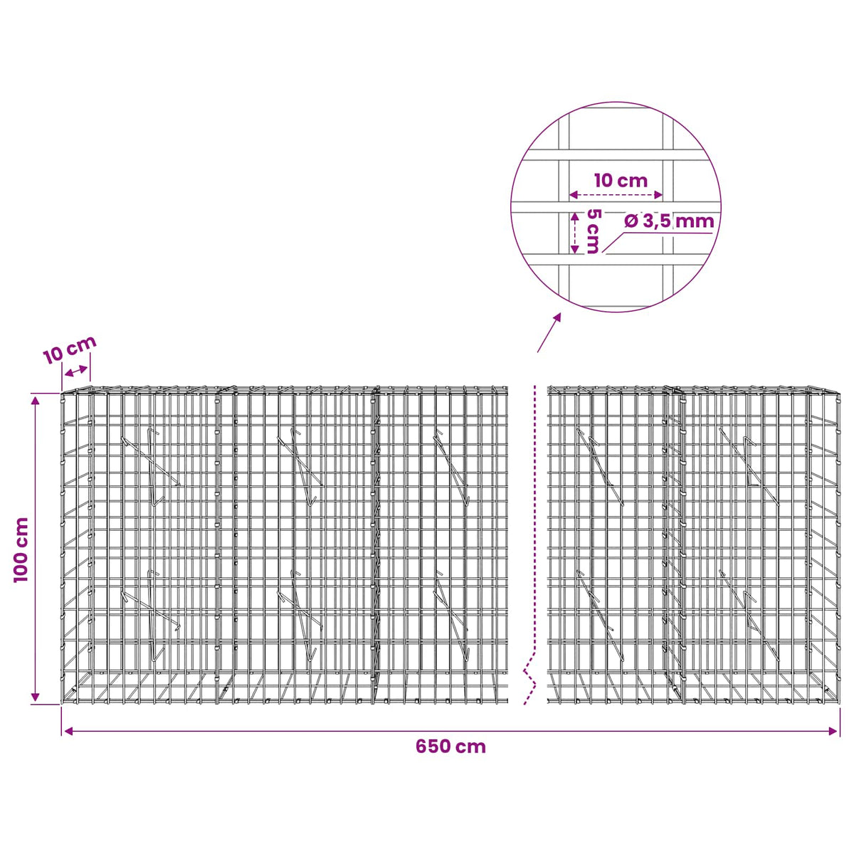 vidaXL Gabion with 3.5 mm Wire and 5x10 cm Mesh 650x10x100 cm 6