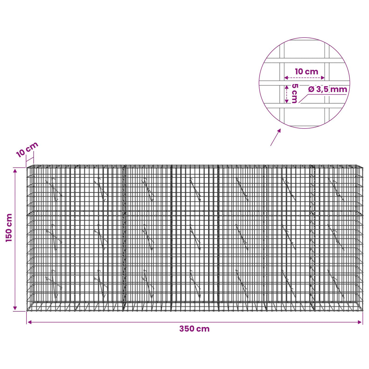 vidaXL Gabion with 3.5 mm Wire and 5x10 cm Mesh 350x10x150 cm 6