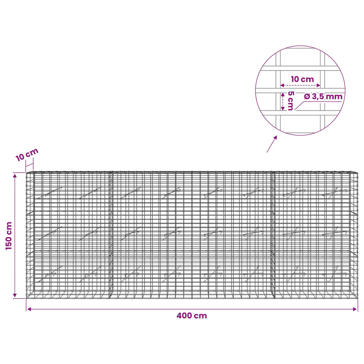 vidaXL Gabion with 3.5 mm Wire and 5x10 cm Mesh 400x10x150 cm 6