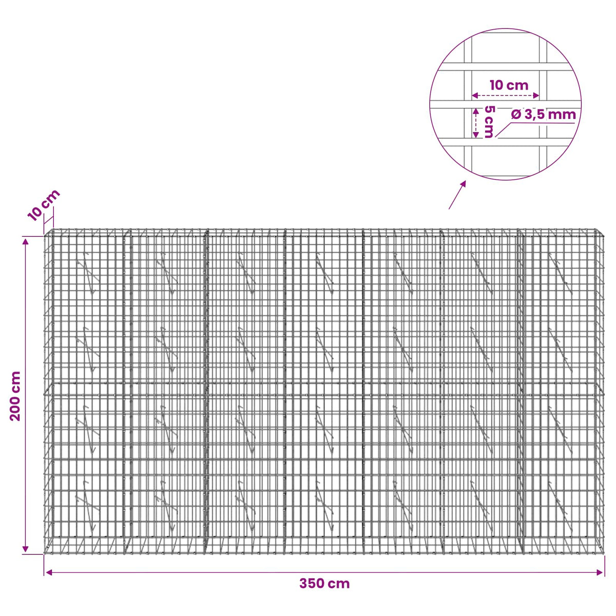 vidaXL Gabion with 3.5 mm Wire and 5x10 cm Mesh 350x10x200 cm 6