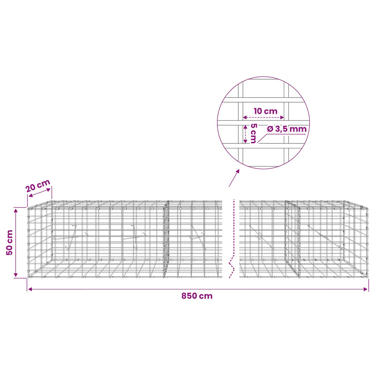 vidaXL Gabion with 3.5 mm Wire and 5x10 cm Mesh 850x20x50 cm 6