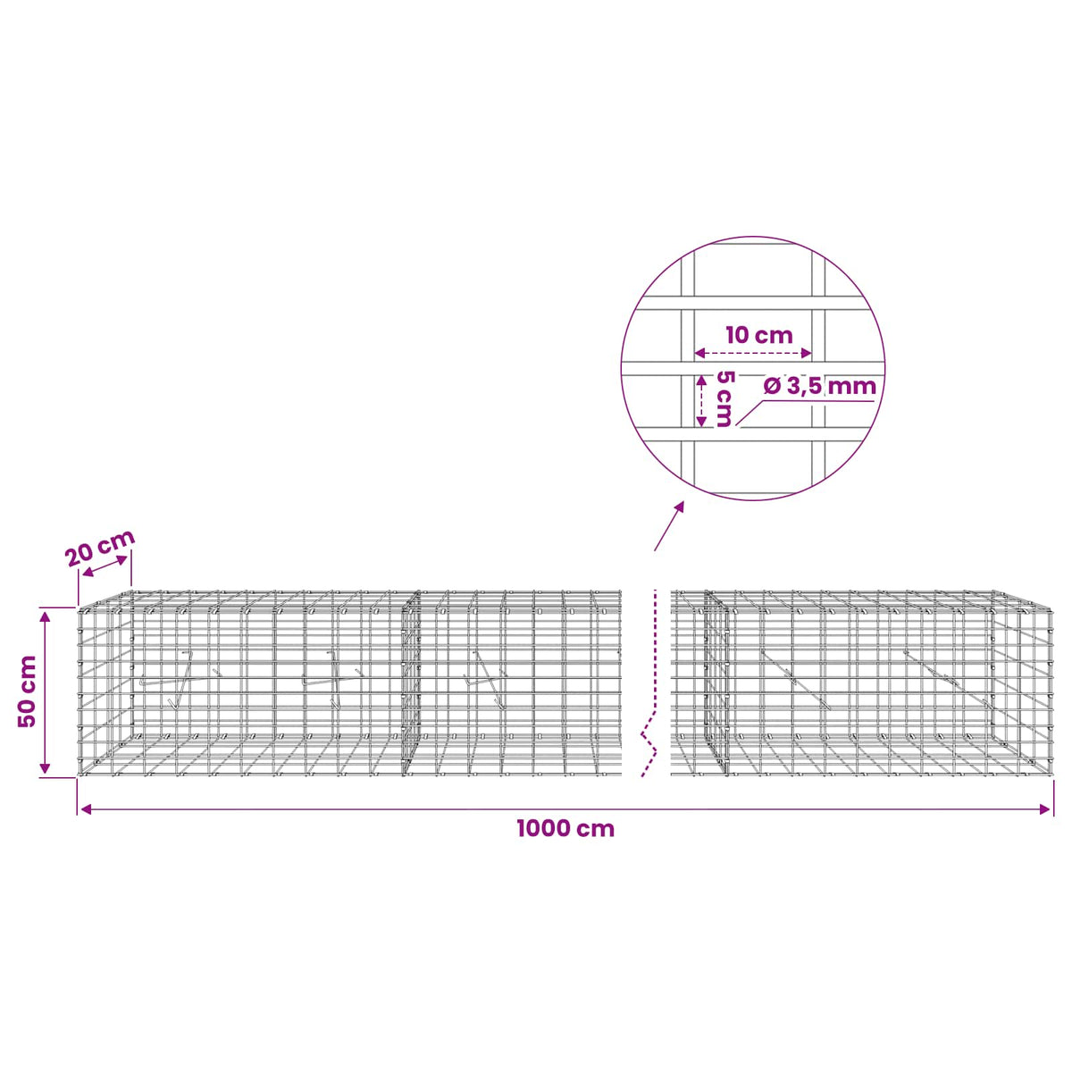 vidaXL Gabion with 3.5 mm Wire and 5x10 cm Mesh 1000x20x50 cm 6