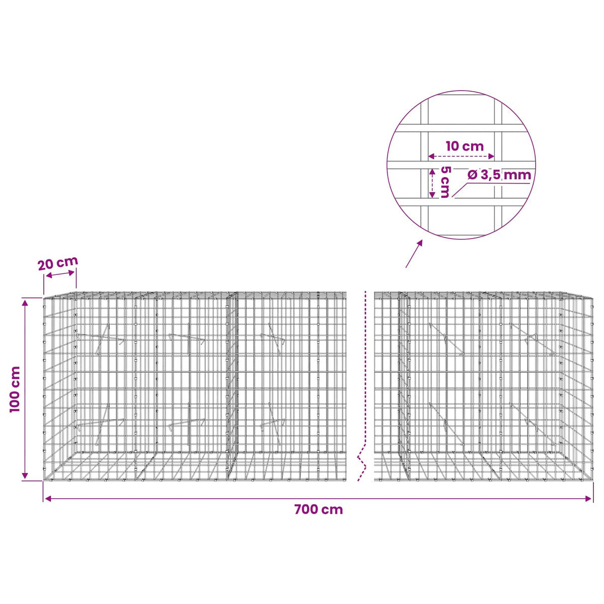vidaXL Gabion with 3.5 mm Wire and 5x10 cm Mesh 700x20x100 cm 6