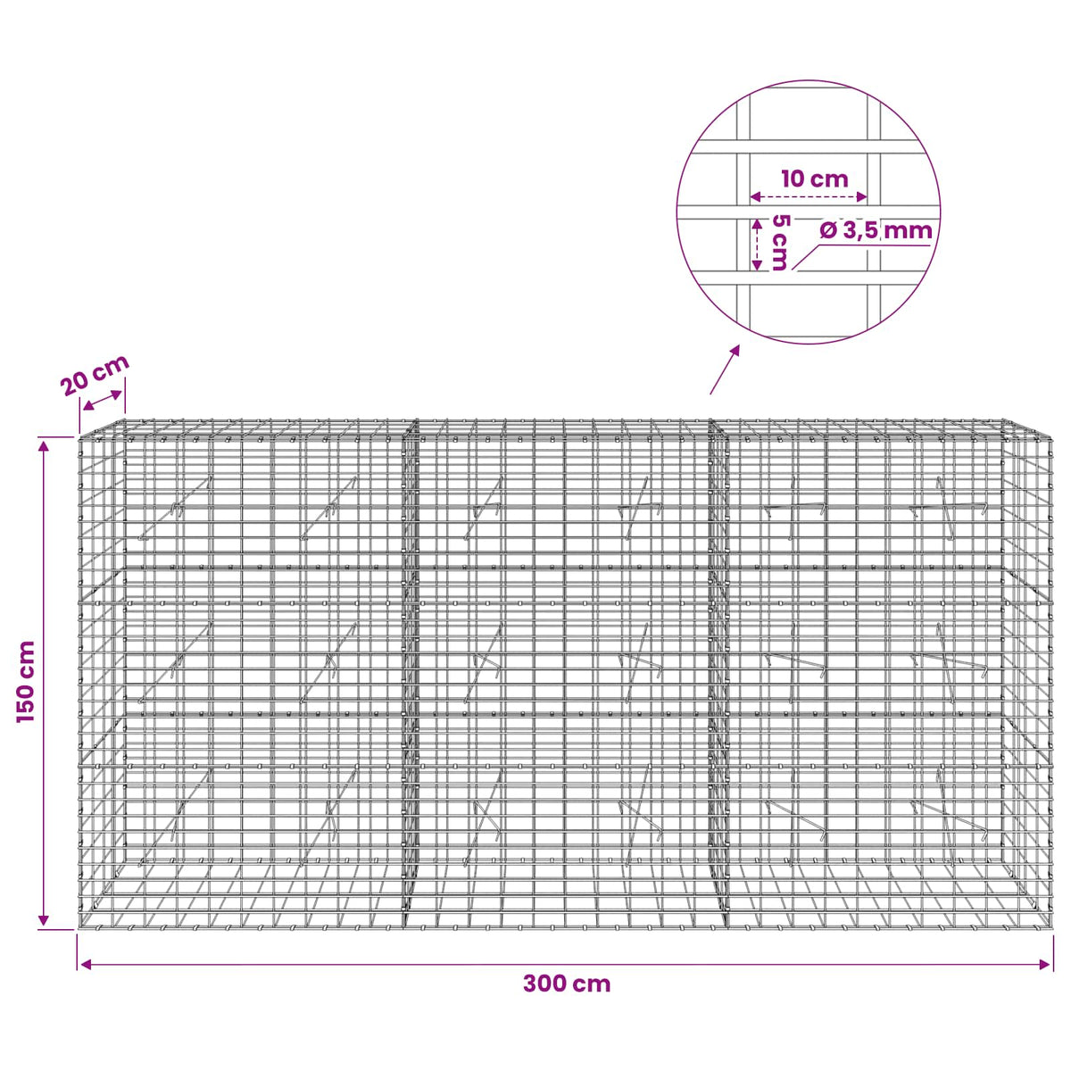 vidaXL Gabion with 3.5 mm Wire and 5x10 cm Mesh 300x20x150 cm 6