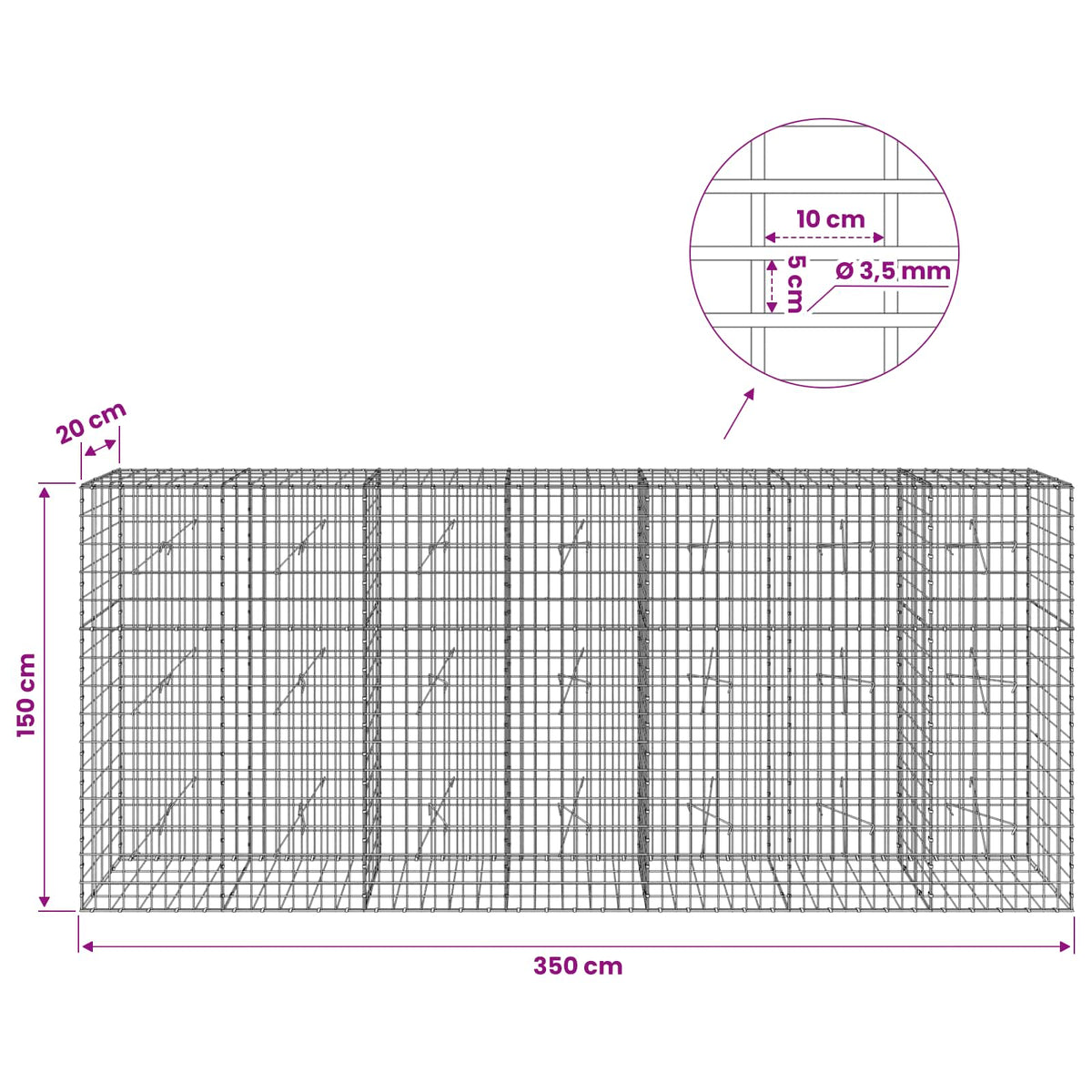 vidaXL Gabion with 3.5 mm Wire and 5x10 cm Mesh 350x20x150 cm 6