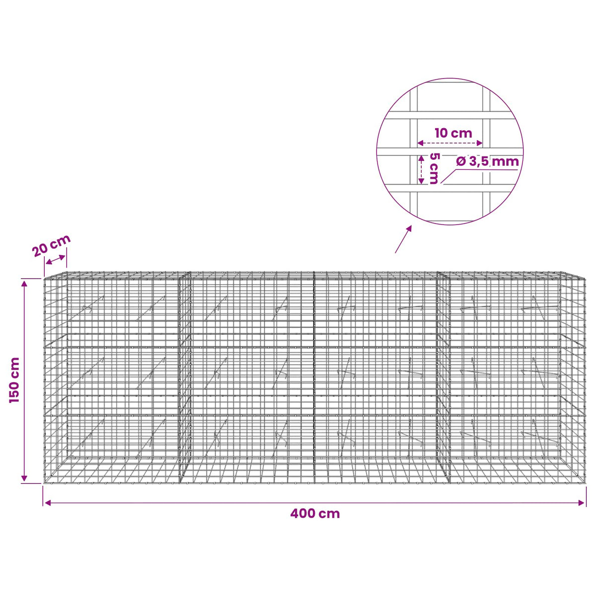 vidaXL Gabion with 3.5 mm Wire and 5x10 cm Mesh 400x20x150 cm 6