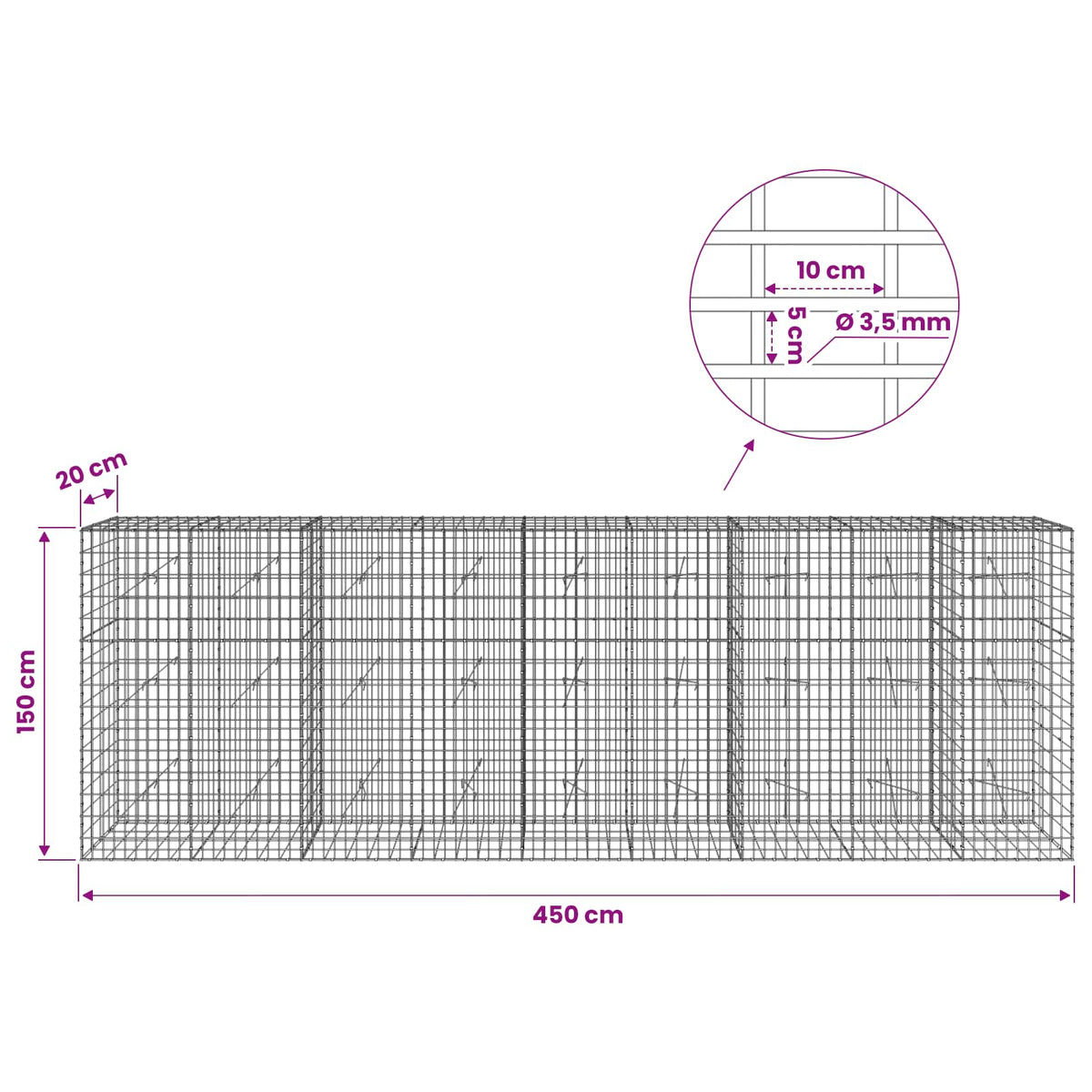 vidaXL Gabion with 3.5 mm Wire and 5x10 cm Mesh 450x20x150 cm 6