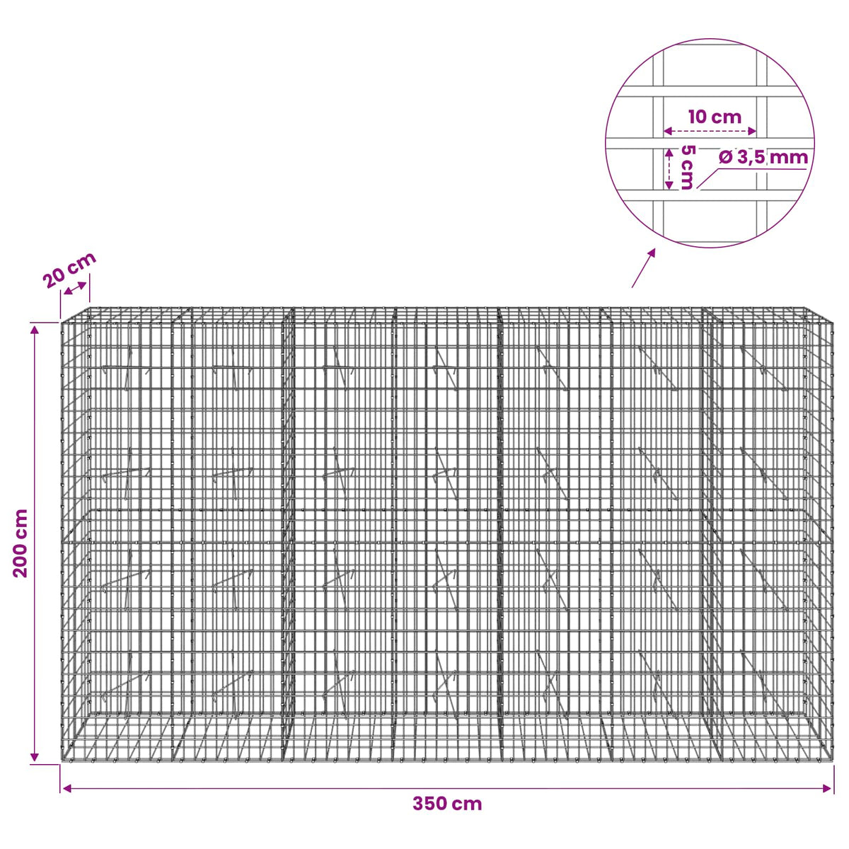 vidaXL Gabion with 3.5 mm Wire and 5x10 cm Mesh 350x20x200 cm 6