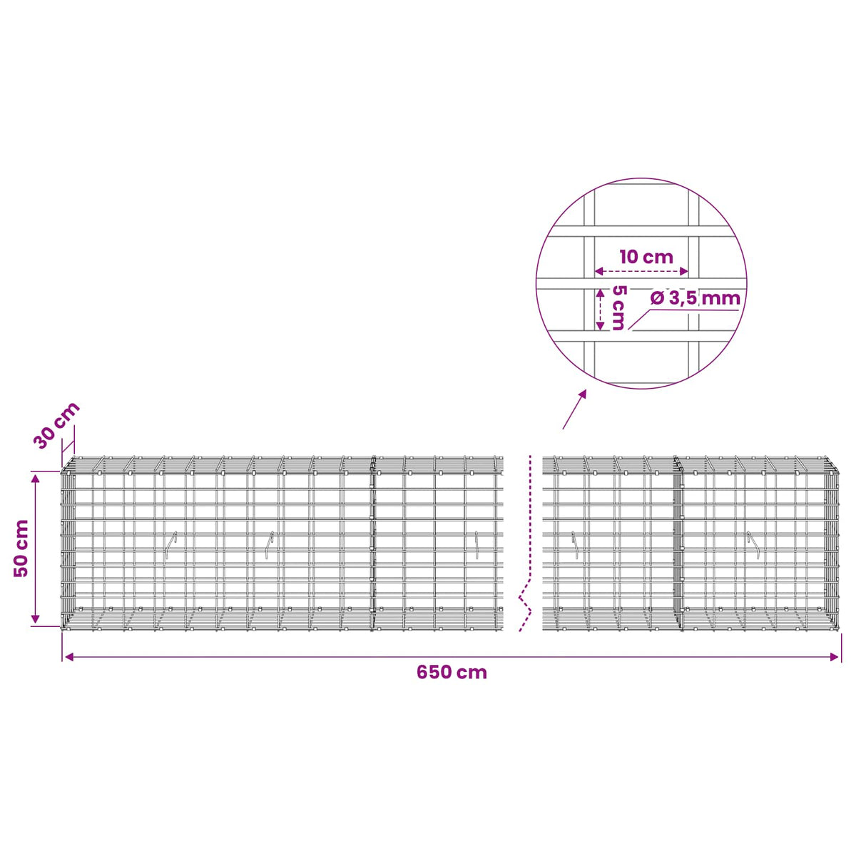 vidaXL Gabion with 3.5 mm Wire and 5x10 cm Mesh 650x30x50 cm 6