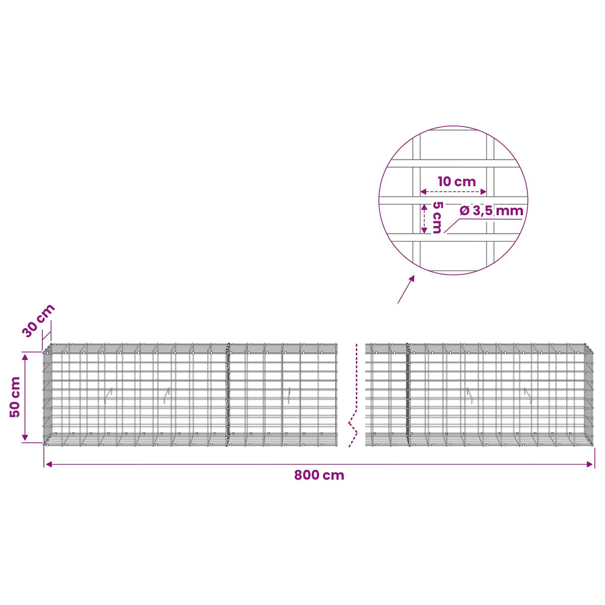 vidaXL Gabion with 3.5 mm Wire and 5x10 cm Mesh 800x30x50 cm 6