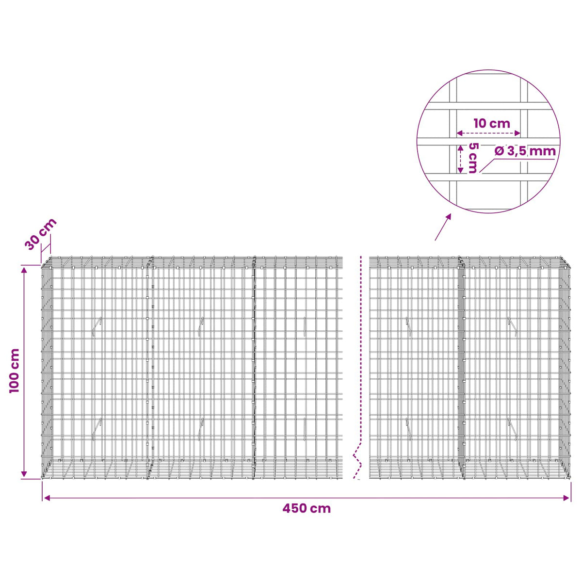 vidaXL Gabion with 3.5 mm Wire and 5x10 cm Mesh 450x30x100 cm 6