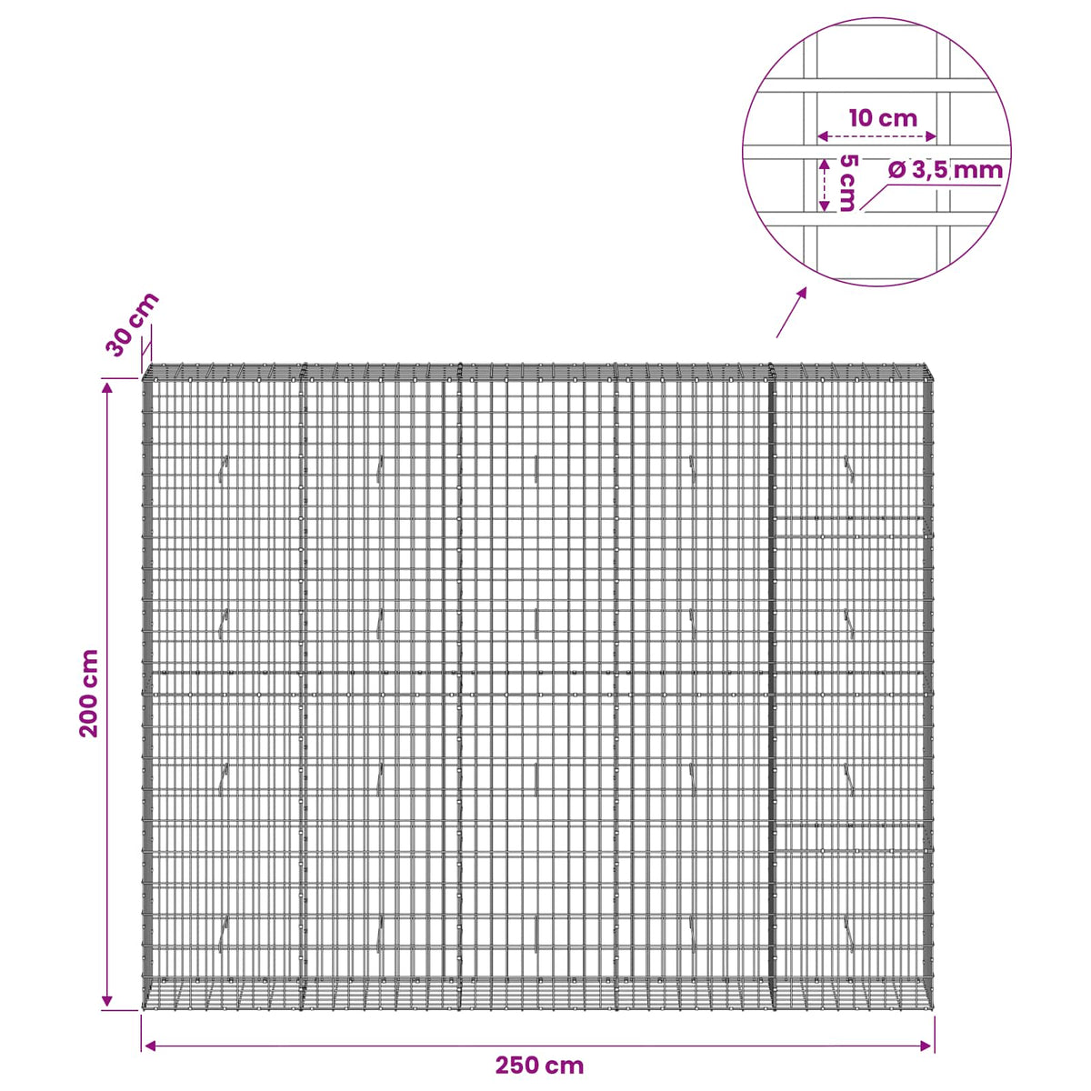 vidaXL Gabion with 3.5 mm Wire and 5x10 cm Mesh 250x30x200 cm 6