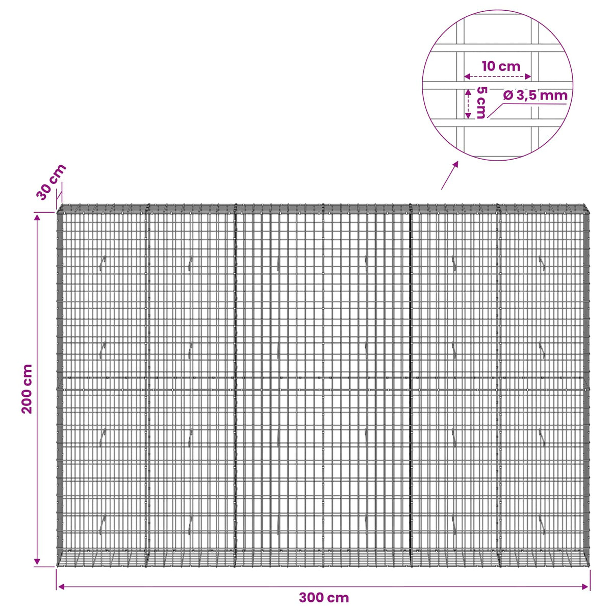 vidaXL Gabion with 3.5 mm Wire and 5x10 cm Mesh 300x30x200 cm 6