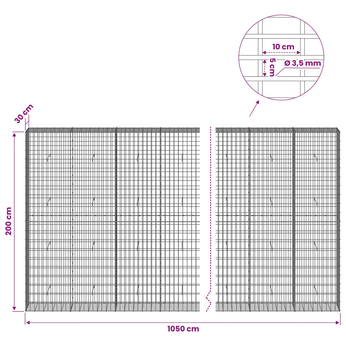 Gabion with 3.5 mm Wire and 5x10 cm Mesh 1050x30x200 cm 1050 cm