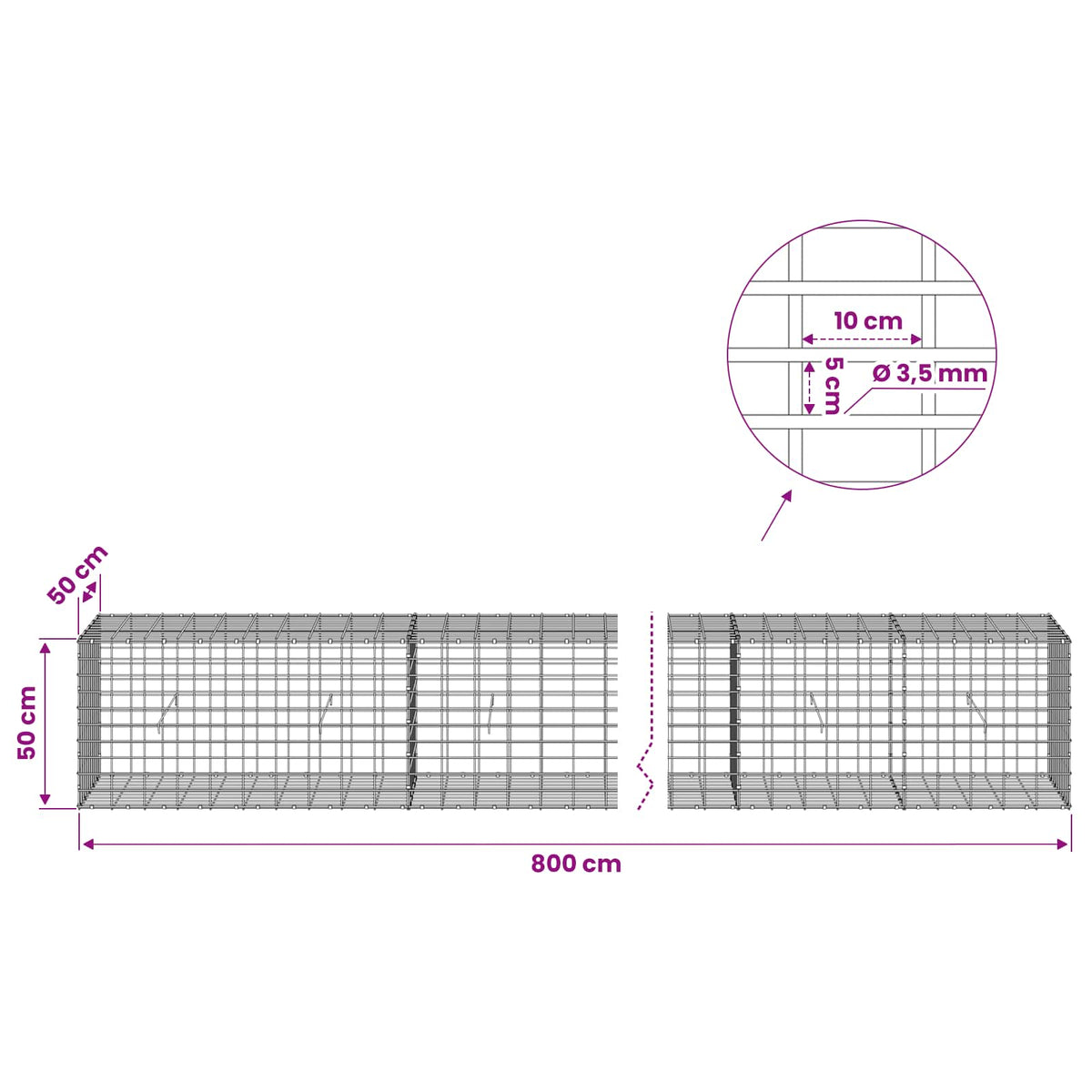 vidaXL Gabion with 3.5 mm Wire and 5x10 cm Mesh 800x50x50 cm 6