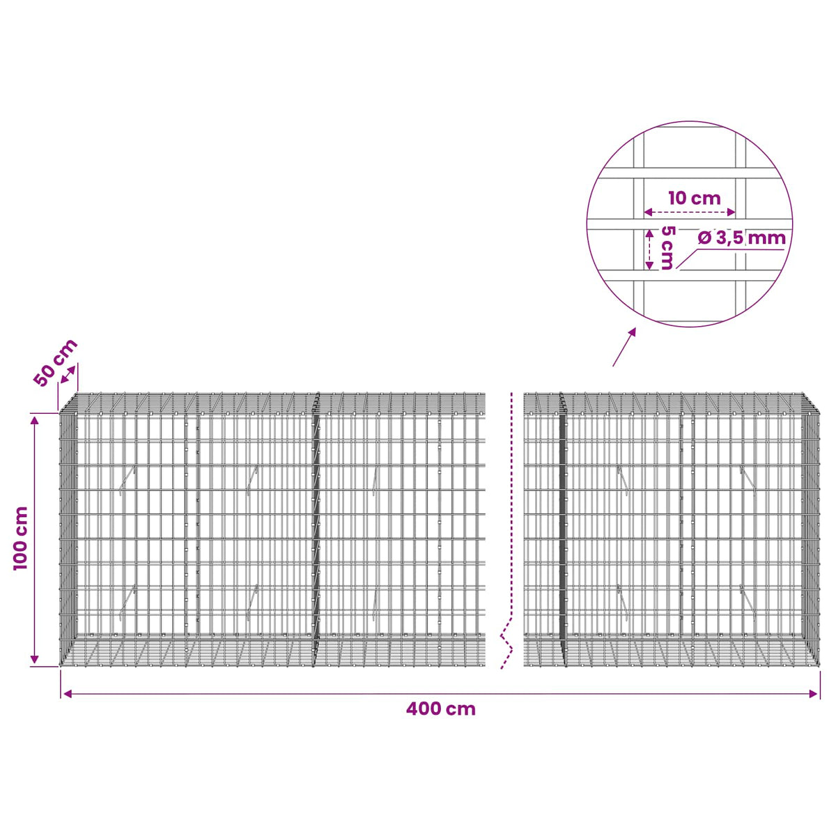 vidaXL Gabion with 3.5 mm Wire and 5x10 cm Mesh 400x50x100 cm 6