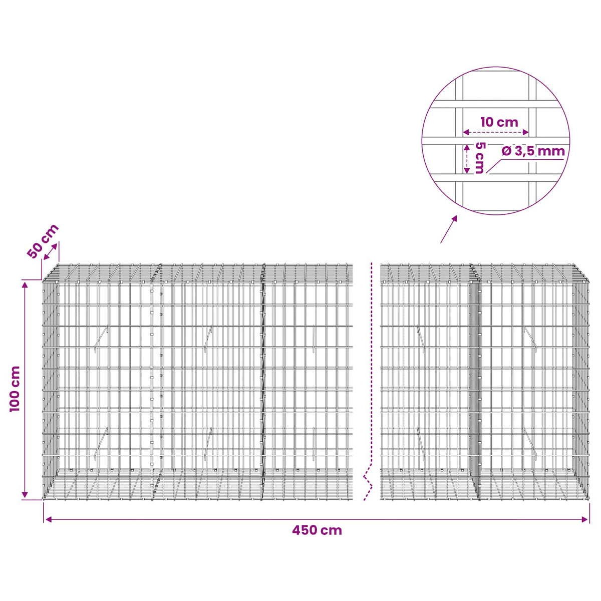 vidaXL Gabion with 3.5 mm Wire and 5x10 cm Mesh 450x50x100 cm 6