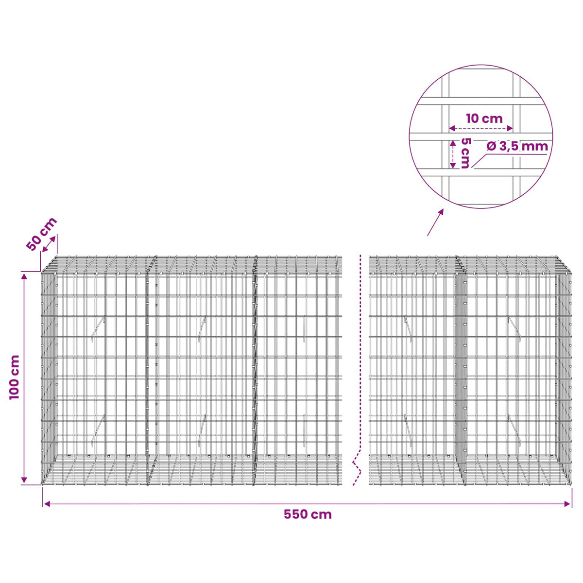 vidaXL Gabion with 3.5 mm Wire and 5x10 cm Mesh 550x50x100 cm 6