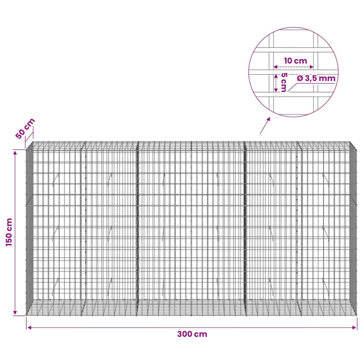 vidaXL Gabion with 3.5 mm Wire and 5x10 cm Mesh 300x50x150 cm 6