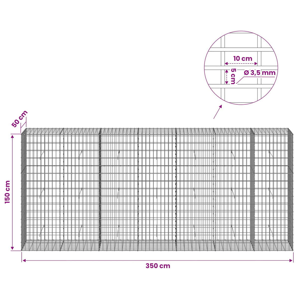 vidaXL Gabion with 3.5 mm Wire and 5x10 cm Mesh 350x50x150 cm 6