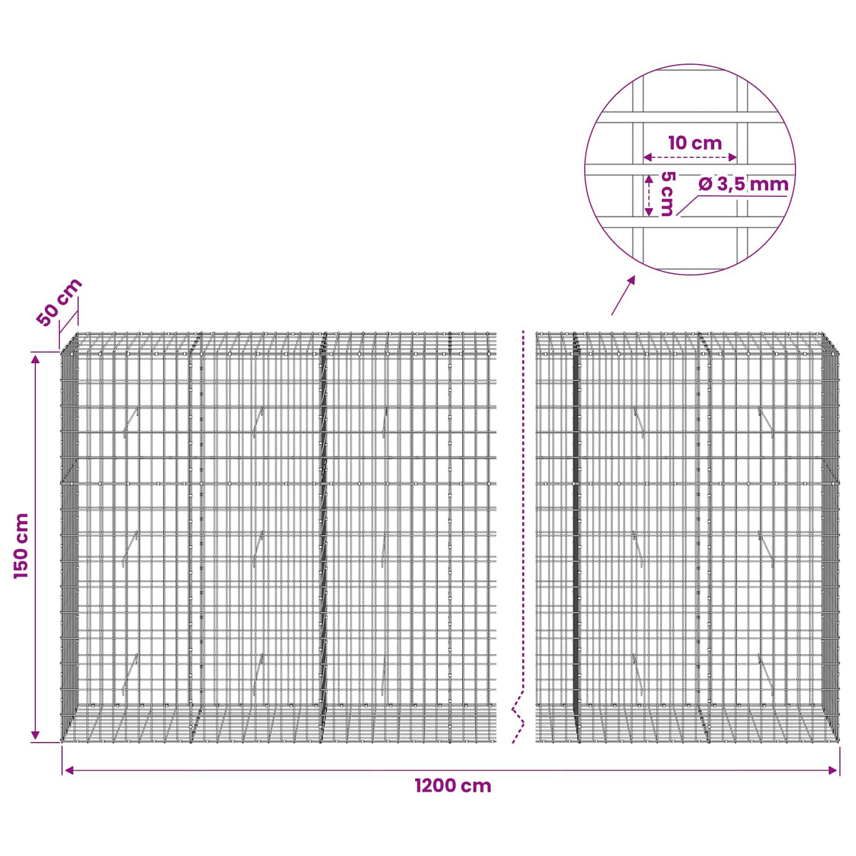Gabion with 3.5 mm Wire and 5x10 cm Mesh 1050x50x150 cm 1200 cm