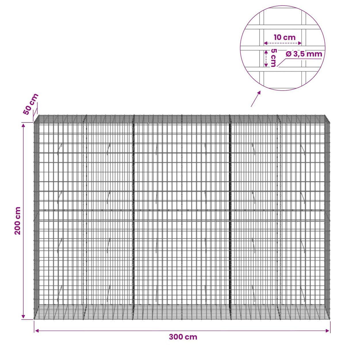 vidaXL Gabion with 3.5 mm Wire and 5x10 cm Mesh 300x50x200 cm 6
