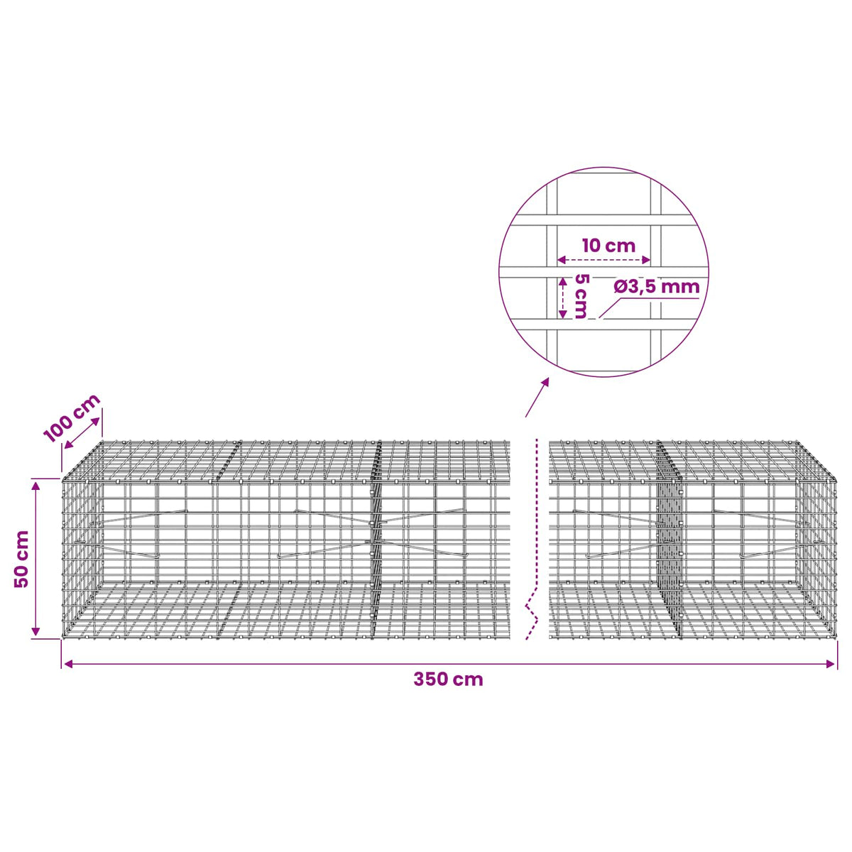 vidaXL Gabion with 3.5 mm Wire and 5x10 cm Mesh 350x100x50 cm 6