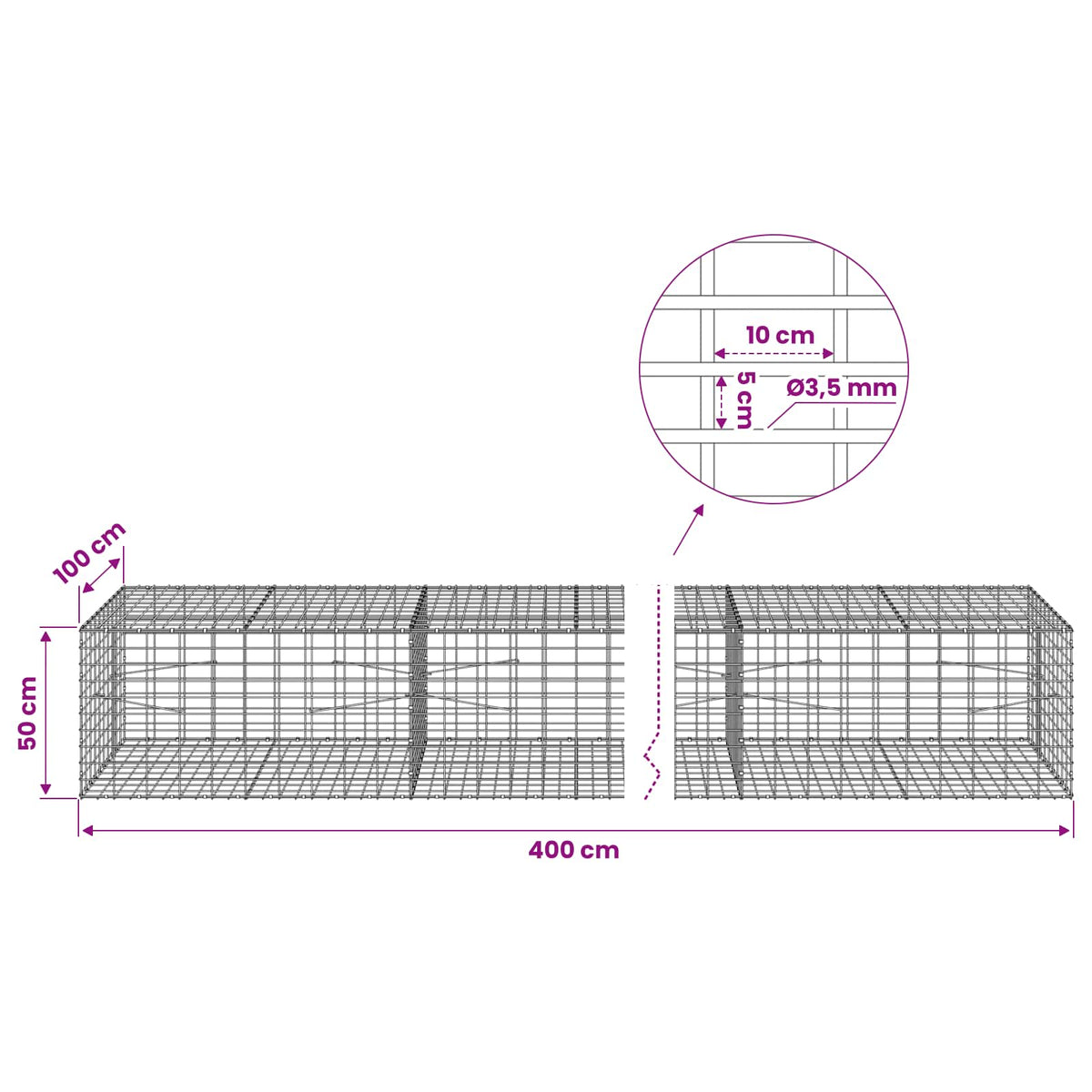vidaXL Gabion with 3.5 mm Wire and 5x10 cm Mesh 400x100x50 cm 6