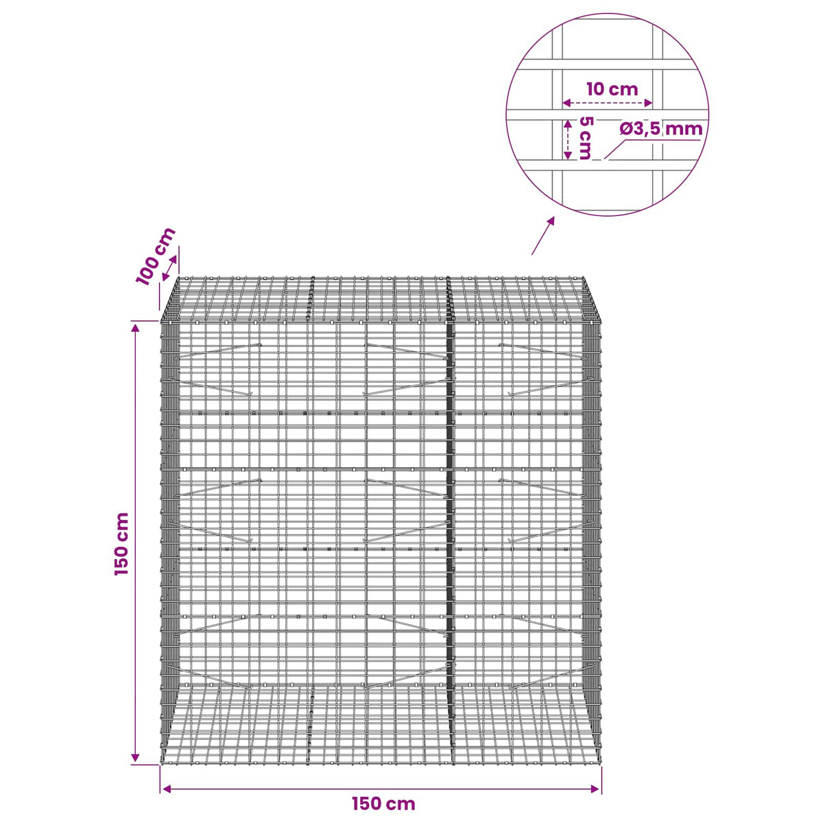 vidaXL Gabion with 3.5 mm Wire and 5x10 cm Mesh 150x100x150 cm 6