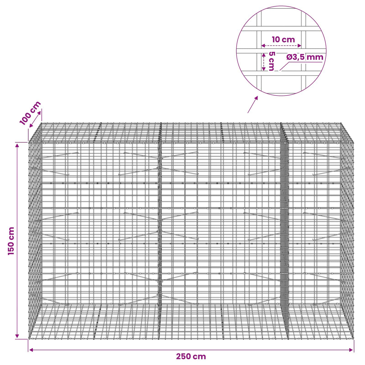 vidaXL Gabion with 3.5 mm Wire and 5x10 cm Mesh 250x100x150 cm 6