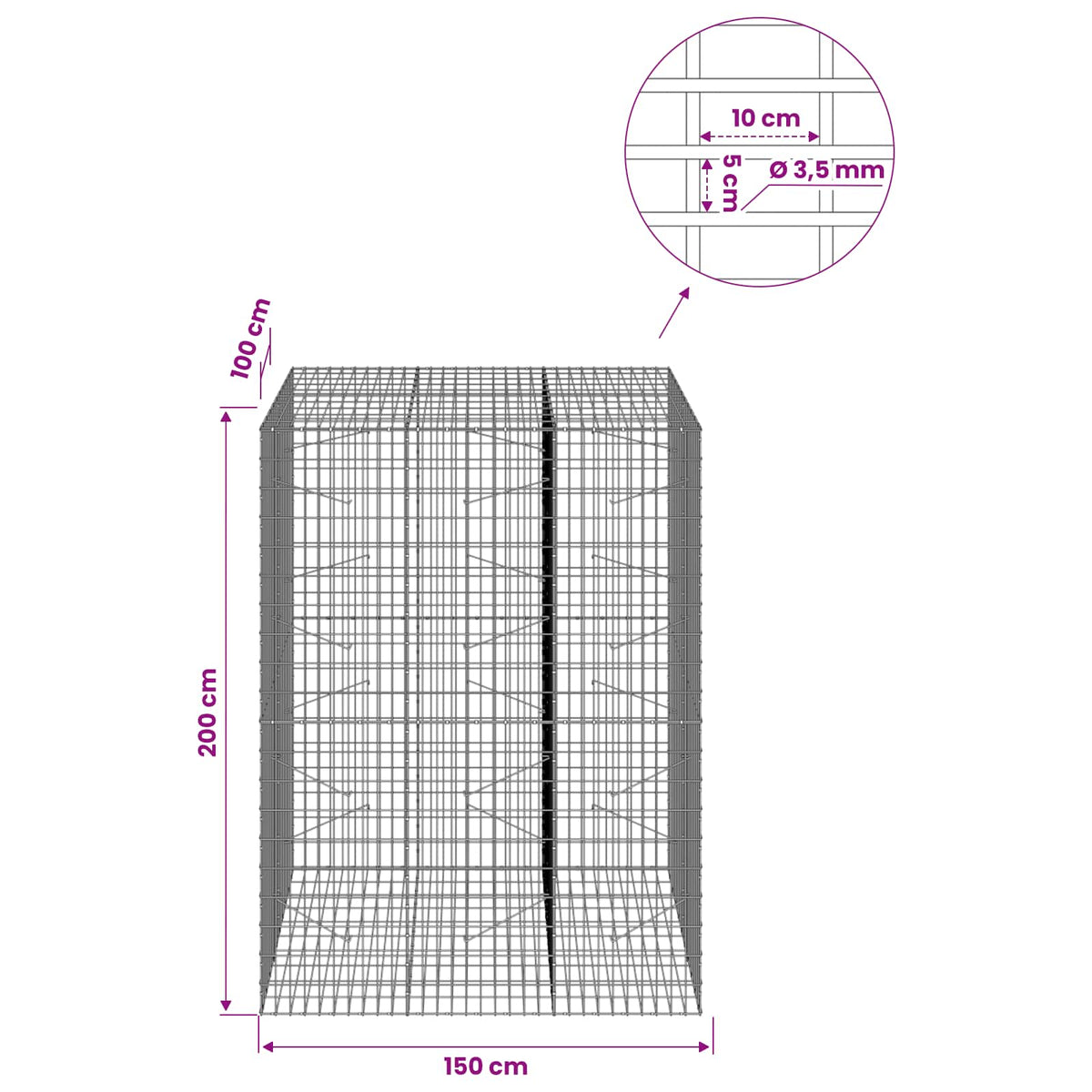 vidaXL Gabion with 3.5 mm Wire and 5x10 cm Mesh 150x100x200 cm 6