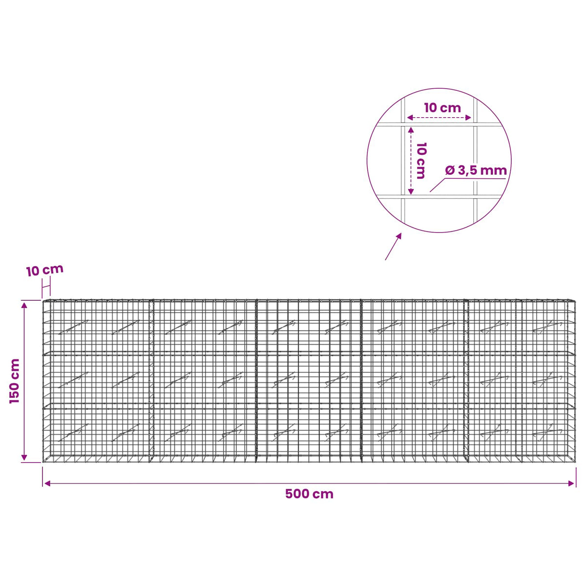 vidaXL Gabion with 3.5 mm Wire and 10x10 cm Mesh 500x10x150 cm 6