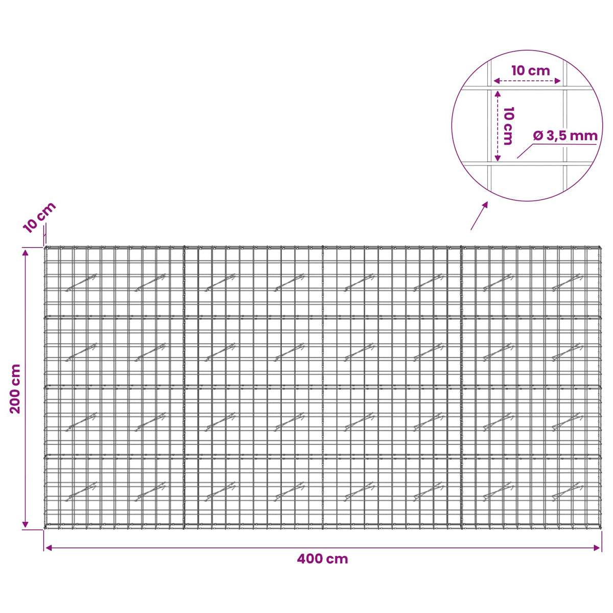 vidaXL Gabion with 3.5 mm Wire and 10x10 cm Mesh 400x10x200 cm 6