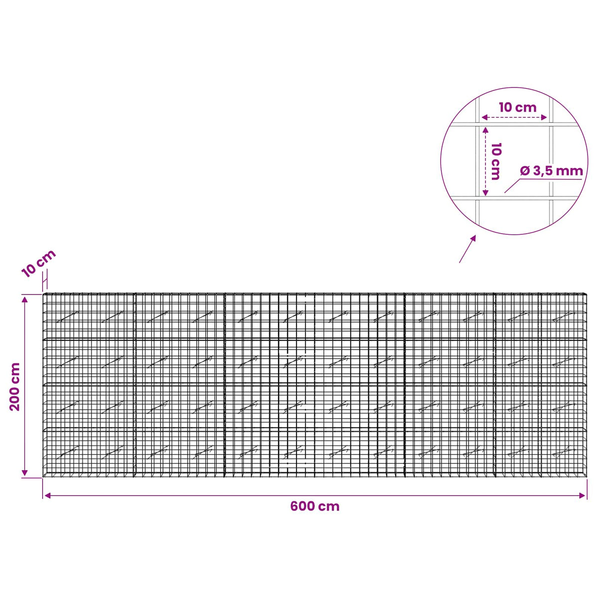 vidaXL Gabion with 3.5 mm Wire and 10x10 cm Mesh 600x10x200 cm 6