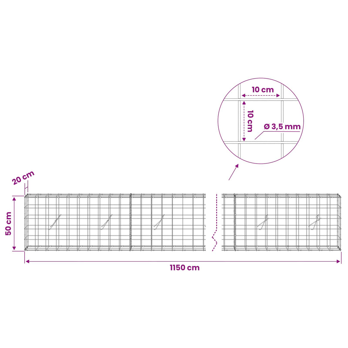 vidaXL Gabion with 3.5 mm Wire and 10x10 cm Mesh 1150x20x50 cm 6