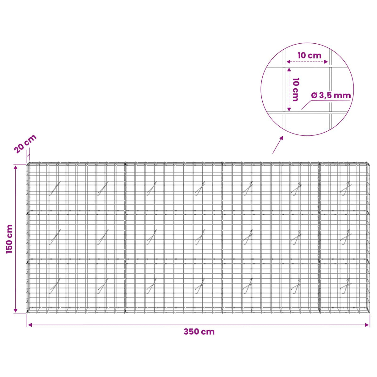vidaXL Gabion with 3.5 mm Wire and 10x10 cm Mesh 350x20x150 cm 6